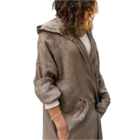 ORGANIC LINEN EILEEN FISHER Women’s SZ L Anorak Jacket Button Pockets Hood Brown - Picture 17 of 17